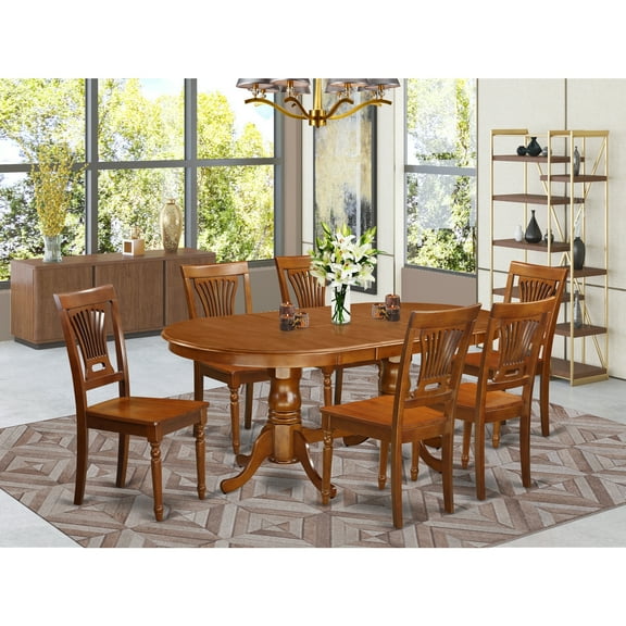 Wooden Imports Furniture PV7-SBR-W 7PC Plainville  Table with Double Pedestal & 6 Wood Seat Chairs in Saddle Brown Finish