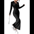 thumbnail image 3 of Vestido Maxi de Punto Acanalado con Cuello en V y Larga para Mujer, con Abertura en el Muslo y Ajustado. Negro XXL, 3 of 9