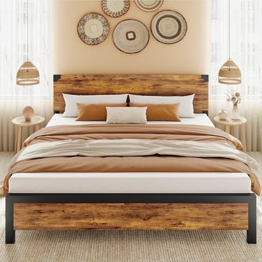Cabihome King Bed Frame, Retro Bed Frame with Wood Headboard and Metal Legs, No Box Spring Needed, -Rustic Brown