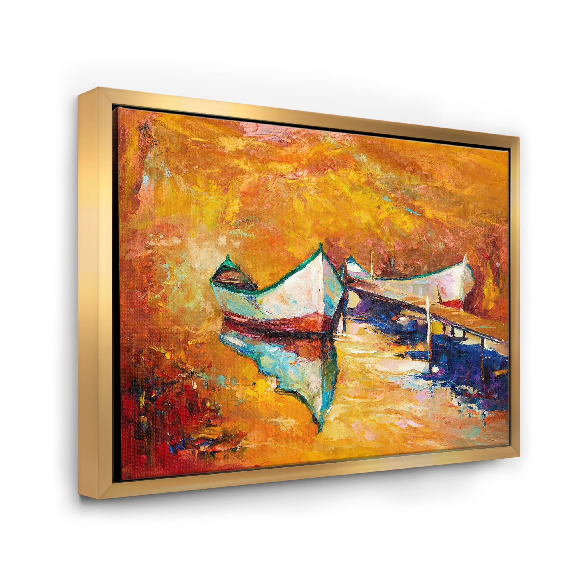Little Boat During Warm and Orange Evening 20 in x 12 in Framed Painting Canvas Art Print, by Designart