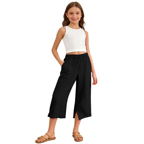 BOOMNY Girl's Baggy Capri Pants Wide Leg Jogger Pants for Kids Trendy Elastic Waist Solid Lightweight Trousers With Pockets