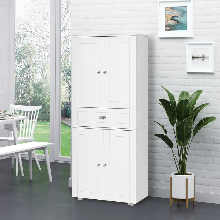 HOMCOM 3-Shelf White 72.5 Pinewood Large Kitchen Pantry Storage Cabinet, Freestanding Cabinets with Doors