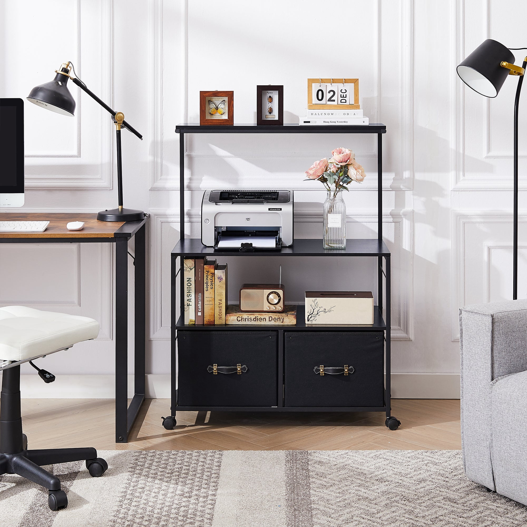 VECELO 2-Drawer Lateral File Cabinet, Rolling Printer Stand with 3 Open Storage Shelf, Fits A4 or Letter Size, with Lockable Casters, for Home Office/Apartment, Black