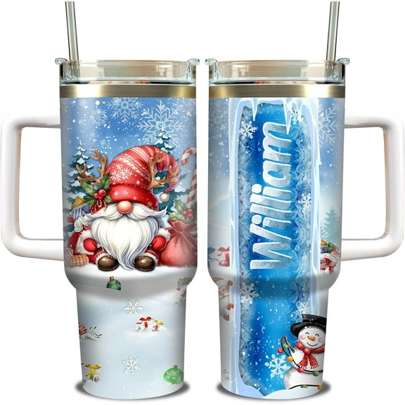 Personalized Gnome Christmas Tumbler 40oz with Handle and Straw Lid Insulated Cup Stainless Steel Custom Name Travel Coffee Mug Xmas Holiday Gifts for Family Friends Teens Adults