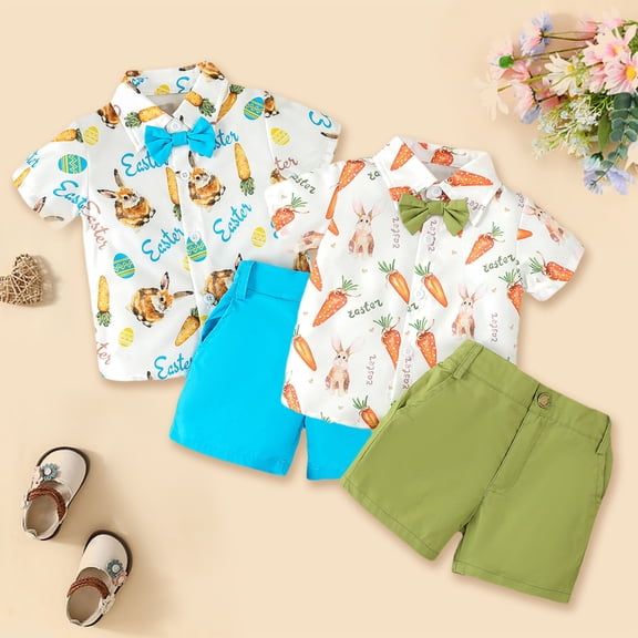 RTKFRFLM Toddler Easter Bunny Print Lapel Shirt and Shorts 2-Piece Set, Kids Short Sleeve Button Down Top Gentleman Suit, Fashionable Holiday Festive Sunday Outfit for Boys