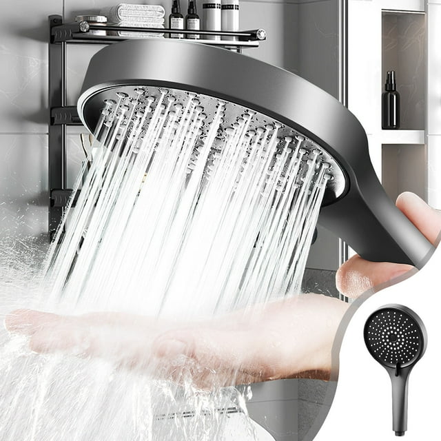 Cabezal de ducha de alta presión | 5 modos Ducha manual ajustable | Boquilla pulverizadora potente para baja presión de agua | Instalación fácil, 150 agujeros sin obstrucciones, plateado/negro