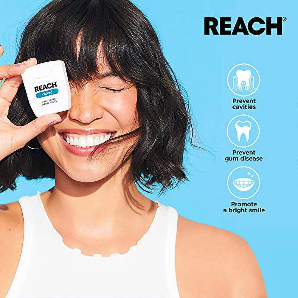 REACH Waxed Dental Floss, Unflavored, Plaque Remover, Shred Resistant, Extra Wide Cleaning, Gentle on Gums & Teeth, PFAS-Free, Oral Care, for Adults & Kids, 55yd, 1 Pack
