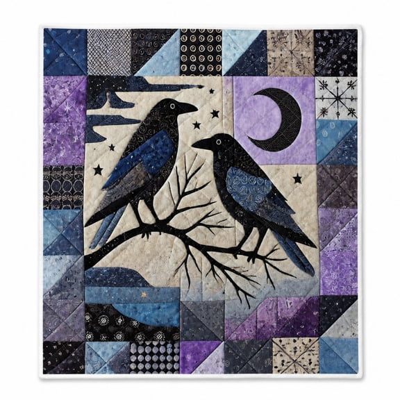 Mystical Black Bird Patchwork Throw Blanket Soft Flannel Plush Bed Couch Decor With Geometric Raven Pattern 39.4x59.1 Inch