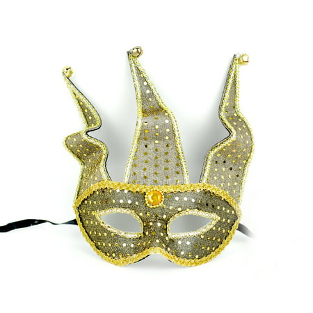 Mardi Gras Decorative and Detailed Half Mask with Jester Points & Bells Gold 8