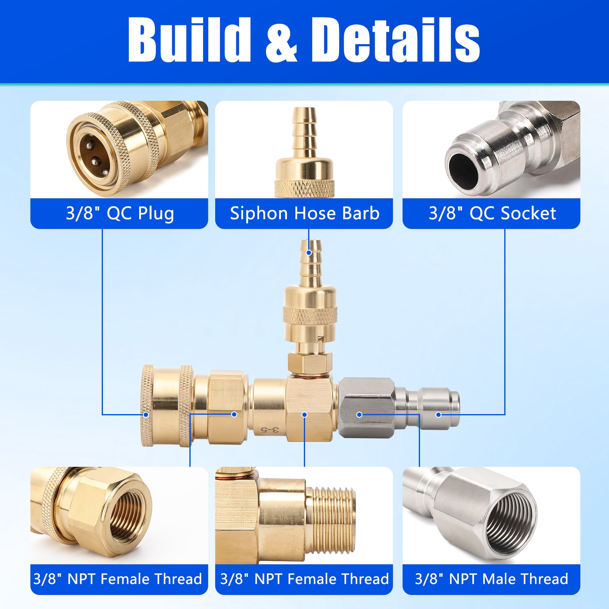 Downstream Chemical Injector Kit for Pressure Washer, Fixed Soap Injector with 3/8" Quick Connect, 3–5 GPM Flow Rate