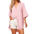 thumbnail image 2 of vigerkar Women Casual V Neck 3/4 Sleeve Button Down Shirts High Low Oversized Summer Beach Blouse Tops for Women Pink, XXL, 2 of 6