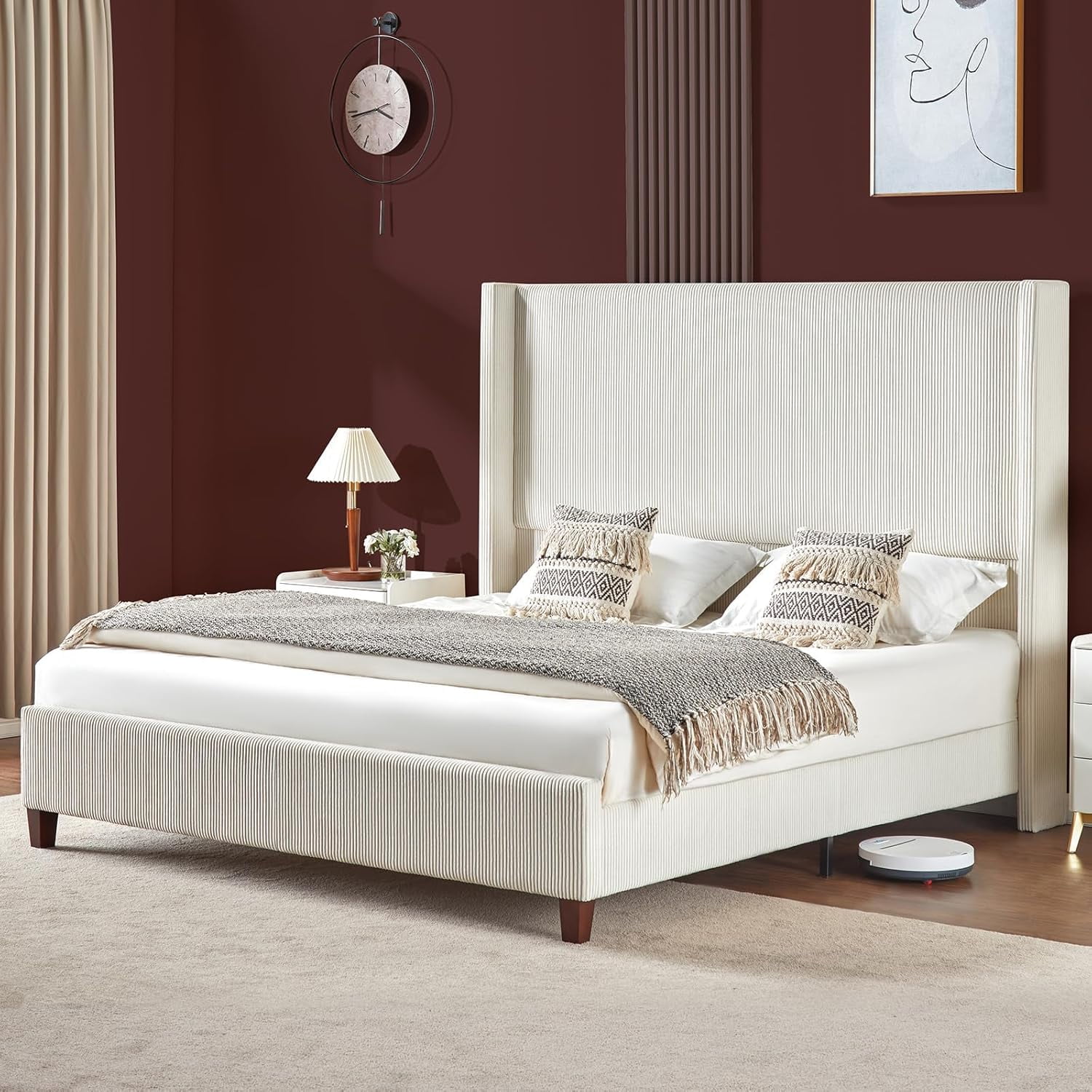 VanAcc King Size Platform Bed Frame with 62" Headboard Corduroy Upholstered Bed/Wingback/No Box Spring Needed/Noise Free/Cream