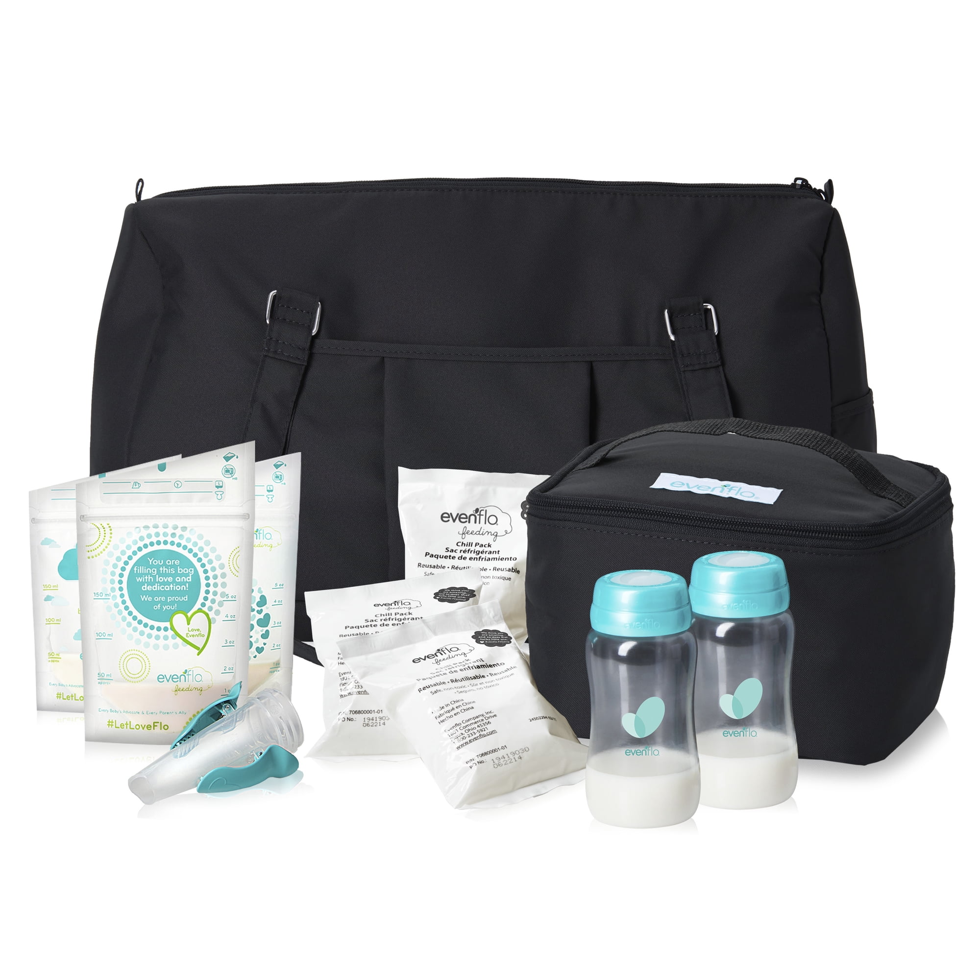 Evenflo Feeding Black Pumping Accessories Tote for Breastfeeding - with Milk Collection Bottles, Bags and Breast Pump Adapters