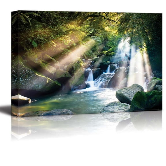 wall26 - Canvas Prints Wall Art - Mountain Stream in Forest with Sun Beam Passing Through | Modern Wall Decor/Home Decoration Stretched Gallery Canvas Wrap Giclee Print. Ready to Hang - 16" x 24