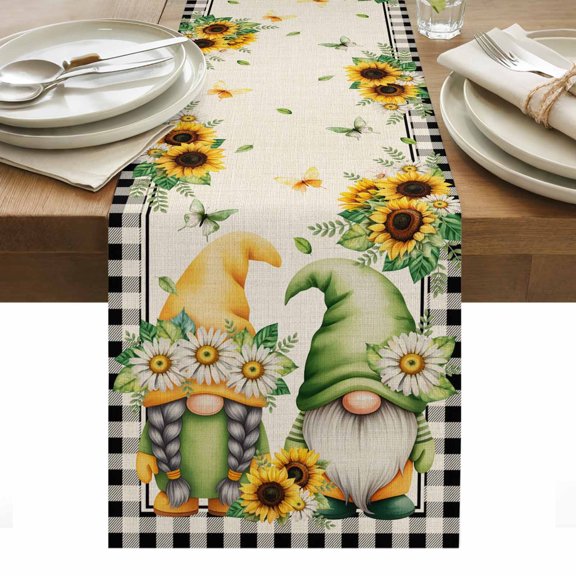Sunflower Gnomes Table Runner - 90 Inch Long, Kitchen Dining Table Runner Dresser Scarves, Spring Farmhouse Vintage Daisy Floral Leaf Farmhouse Decor for Coffee Tables Wedding Party Banquet