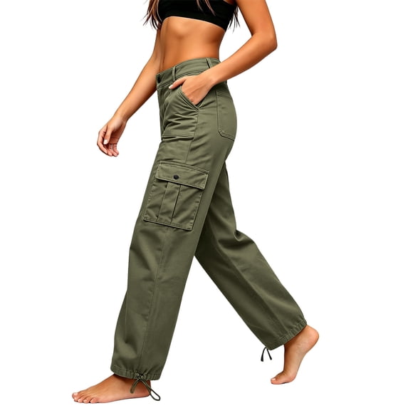 Guluxicc Women's Cargo Pants with Multi Pocket Button Front Drawstring Straight Leg Trousers for Outdoor Hiking Fall Winter