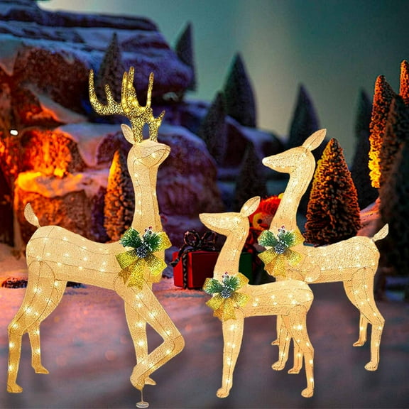 Darzheoy Christmas Decorations 3 Pcs Christmas Lights Reindeer Decoration Outdoor Deer Family with Warm White LED Lights Garden Ground Plug Yard Decoration
