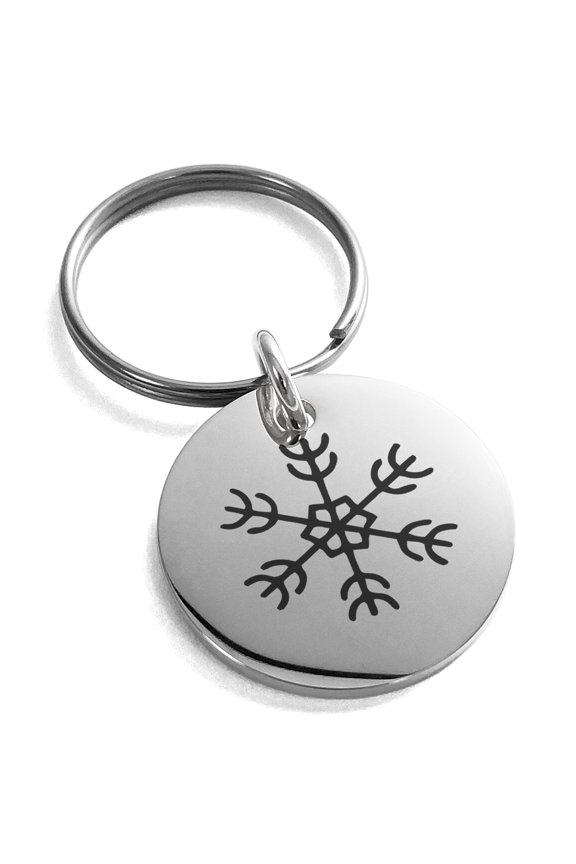 Stainless Steel Compass Snowflake Engraved Small Medallion Circle Charm Keychain Keyring
