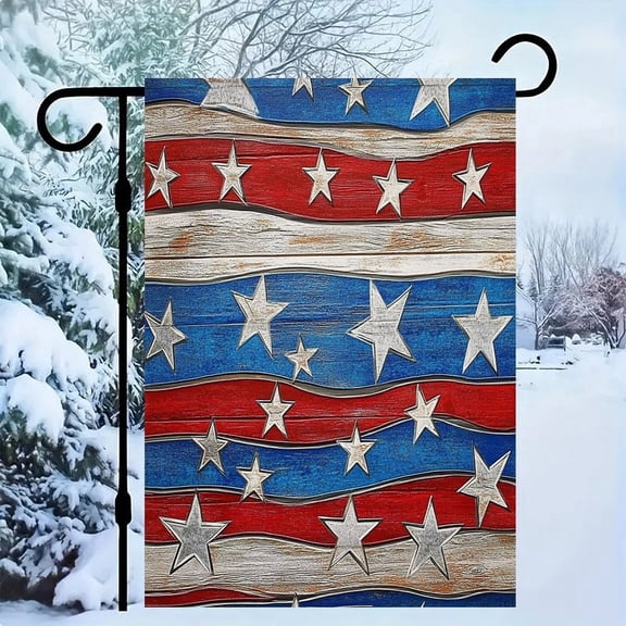 RKSupls Patriotic Linen Double Sided Garden Flag, Independence Day Themed Yard Decor, Carved Wooden American Flag with Wavy Stars Outdoor Banner for Holiday Lawn