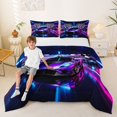 thumbnail image 2 of Castle Fairy Neon Race Car Trio Full Size Comforter Sets 3 Pieces for Kids, Checkered Flag Glow Bedding Sets for Bedroom, Purple Pink,Black Reversible, 2 of 6