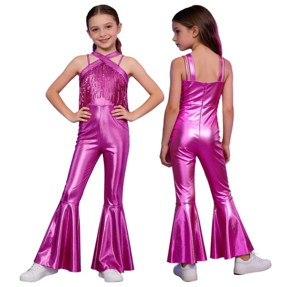 Xnihocha Kids Girls Metallic Dance Outfit Sleeveless Fringe Jumpsuit Flare Bell Bottom Pants 70s Disco Party Overalls Hot Pink 12