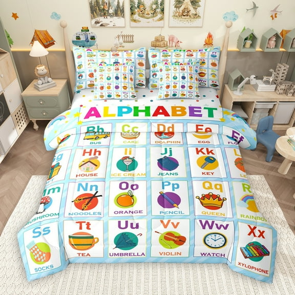 Manfei Colorful Alphabet 7-Piece Twin Bedding Sets,Kids Learning Bedding Comforter Set,Multicolor 26 Letters Sheet Sets For Girls Kids,Breathable Home Decor Reversible