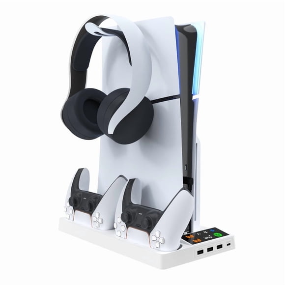 Multifunctional Cooling Stand for PS5 Pro & PS5 Slim, Dual Controller Charging Dock with Headphone Hanger Storage Organizer