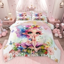 Feelyou Cartoon Fairy Elf Queen Comforter Set, Jungle Mushroom Flower Bedding Sets, Dreamy Butterfly Animal Reversible Bedding Comforter Set, Super Cozy Room Decor, 3 Pieces