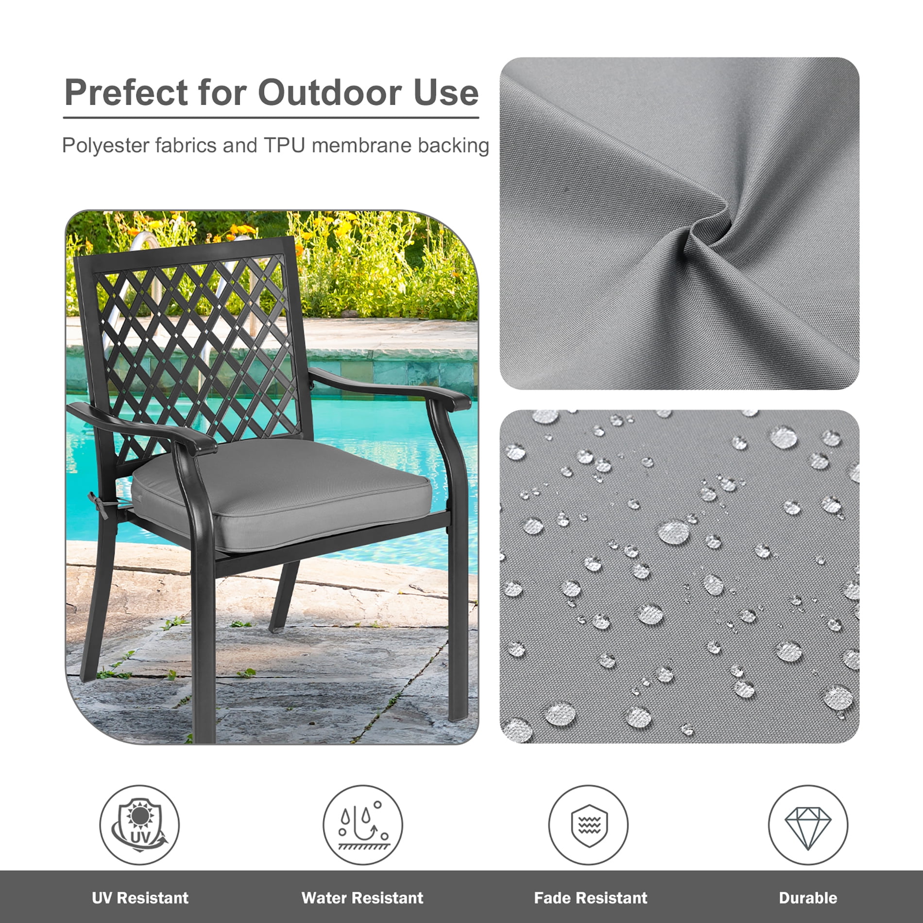 Aoodor Outdoor Chair Pads, 20"W x 19"D Patio Seat Cushion Set of 2, Fade-Resistant Polyester, Gray