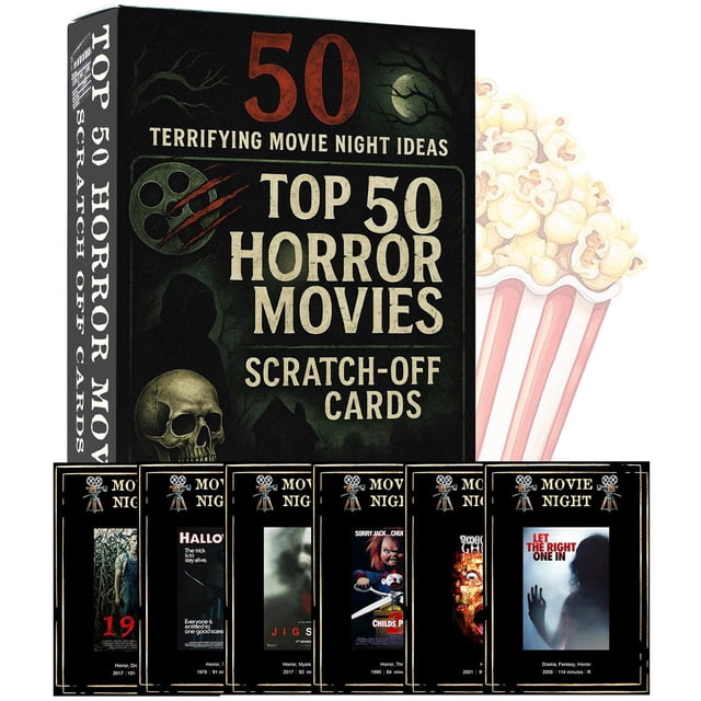 Tarjetas rasca y gana GIFTSFARM, 50 mejores películas de terror, con caja
