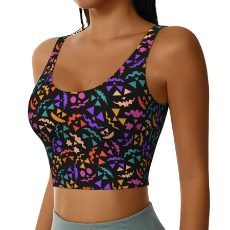 Haiem Colorful Pumpkin Faces Pattern Womens Sports Bra - U Neck Padded Low Impact Yoga Bra Workout Crop Top Gym Moisture-Wicking Workout Vest -Medium