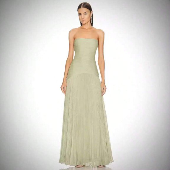 Elegant Strapless Pleated Maxi Dress In Soft Sage Green For Evening Or Formal Occasions