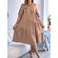 thumbnail image 5 of Women One Shoulder Beach Vacation Casual Puff Sleeve Tiered A Line Flowy Sun Dress Khaki XL, 5 of 9