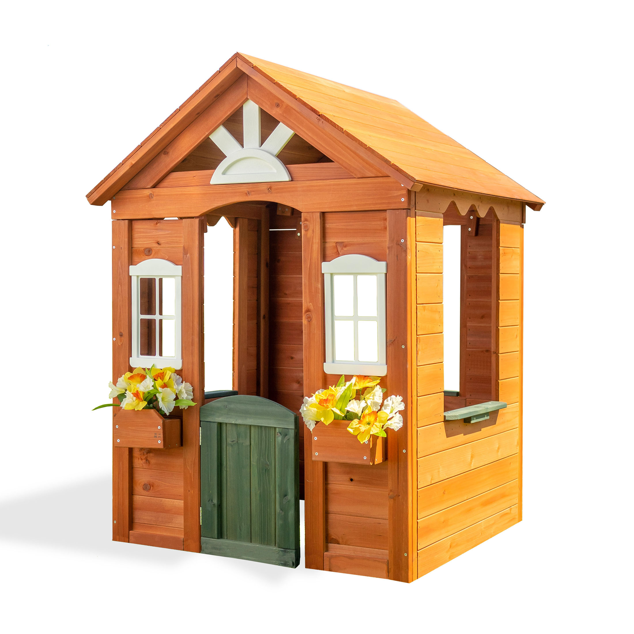 Sportspower Bellevue Kids Wooden Playhouse with Fun Colored Working Front Door, White Trim Windows, and Flower Pot Holders - image 2 of 13