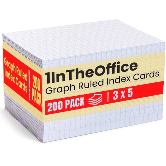 1InTheOffice Index Cards 3x5 Graph Ruled White, Grid Index Cards 200/Pack