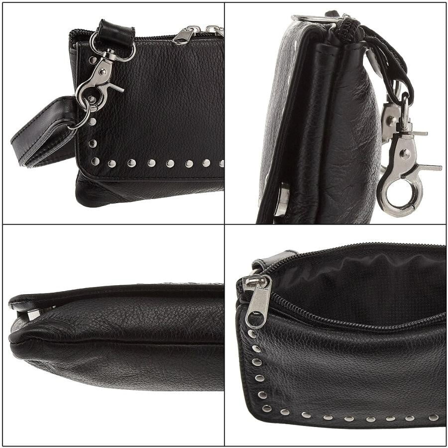 Black Ladies Clip Pouch Purse with Studs, Adjustable Strap, Heavy Duty Lobster Claw Clips, 7.75x5x1