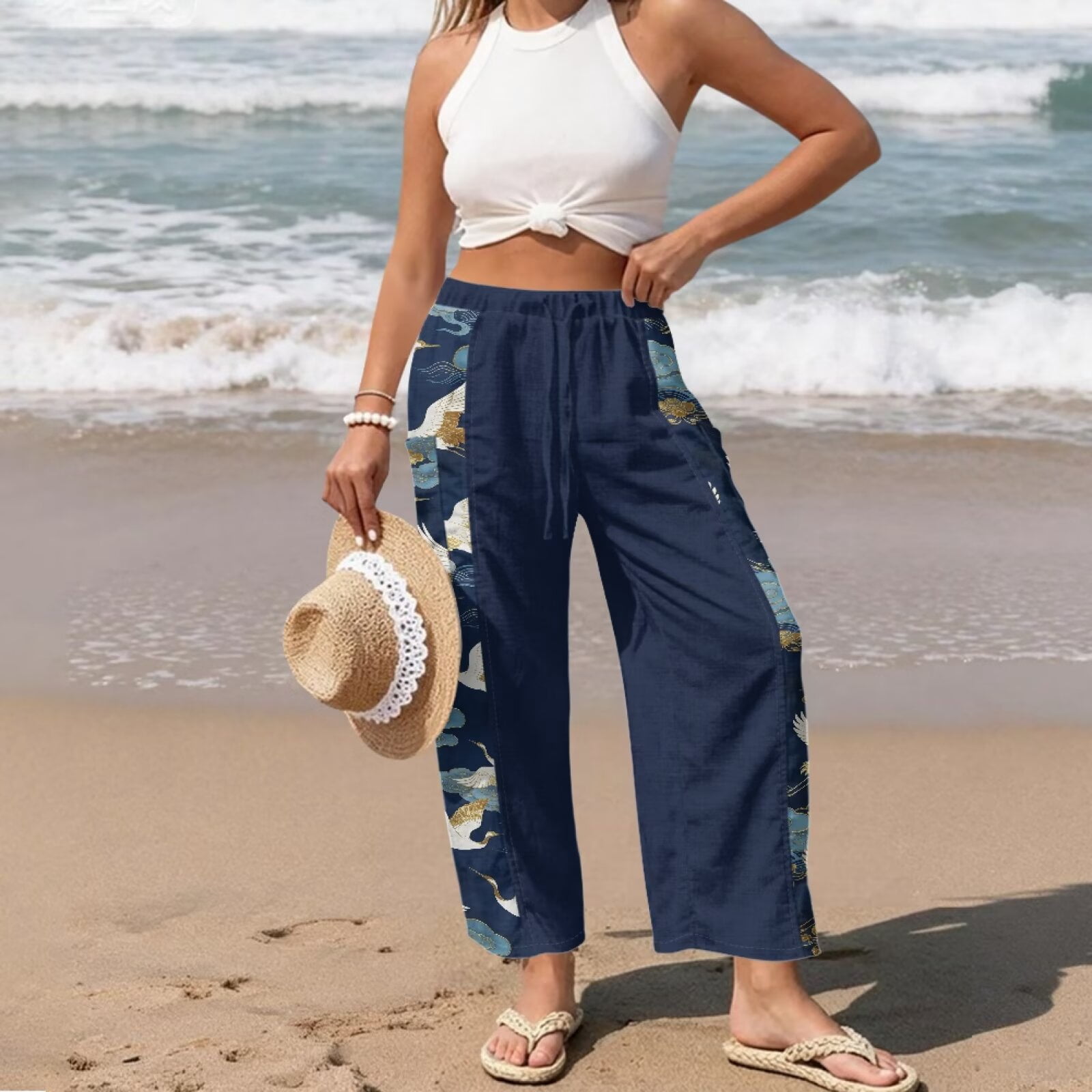 Yuyamidu Womens Linen Pants Beach Size 2XL Flowy Petite Palazzo Pants Wide Leg Lightweight Vacation Trousers Chinese Print Outfits, Chinese Bird Crane