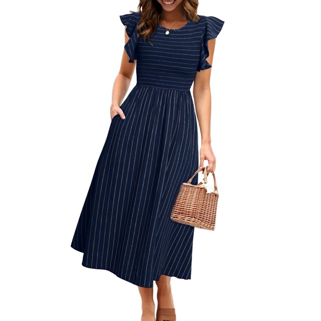 Vestido Simplee para mujer, a rayas, con volantes, manga corta, azul marino