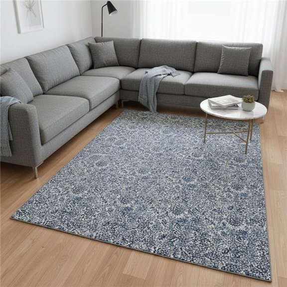 HomeRoots 655036 10 x 14 ft. Blue & Gray Floral Transitional Washable Machine Made Rectangle Area Rug with UV Protection