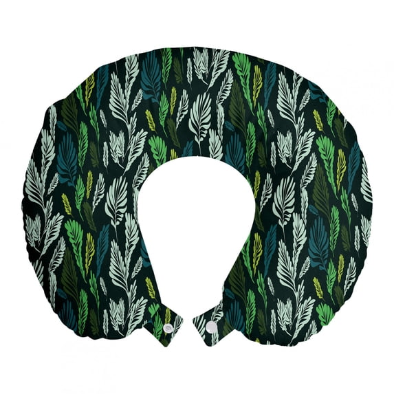 Botanical Travel Pillow Neck Rest, Tropical Theme Botanical Motifs with Exotic Leaves in Green Tones Natural Art, Memory Foam Traveling Accessory Airplane and Car, 12", Multicolor, by Ambesonne
