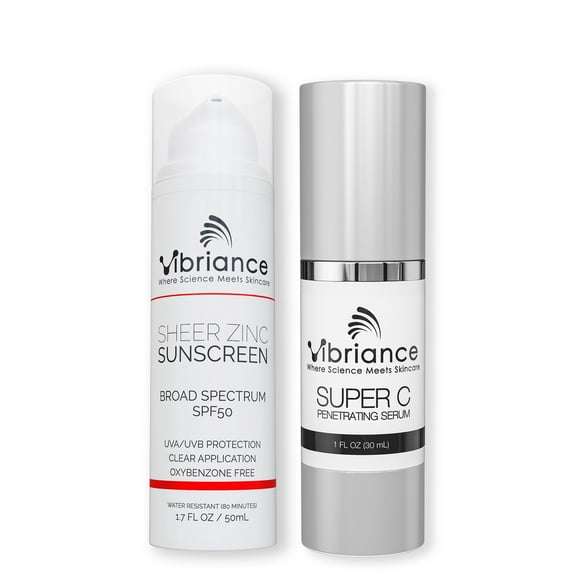 Vibriance Simple Skincare Essentials Bundle | Super C Vitamin Serum, Sheer Zinc Sunscreen SPF 50 Skin Care Set - Nourish, Protect, Illuminate