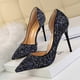 thumbnail image 3 of Zapatos de mujer estilo discoteca sexy delgados para mujer con tacones altos finos boca baja puntiagudos laterales huecos lentejuelas zapatos de mujer individuales, 3 of 5