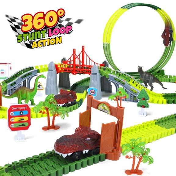 Dinosaur Race Track Set, A Dinosaur World Road Race, with 2 Race Cars, Perfect Gifts for Kids Boys Girls, 169 Pcs