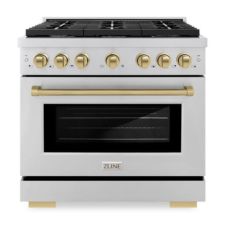 ZLINE Autograph Edition 36 in. 5.2 cu. ft. Paramount Dual Fuel Range with 6 Burner Gas Cooktop and Electric Convection Oven in Stainless Steel with Champagne Bronze Accents (SDRZ-36-CB)