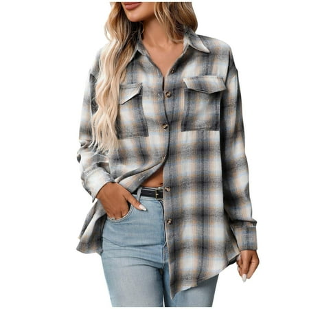 Women s Plaid Flannel Shacket Button Down Long Sleeve Casual Jacket Plus Size Baggy Fall Fashion Shirt 2025