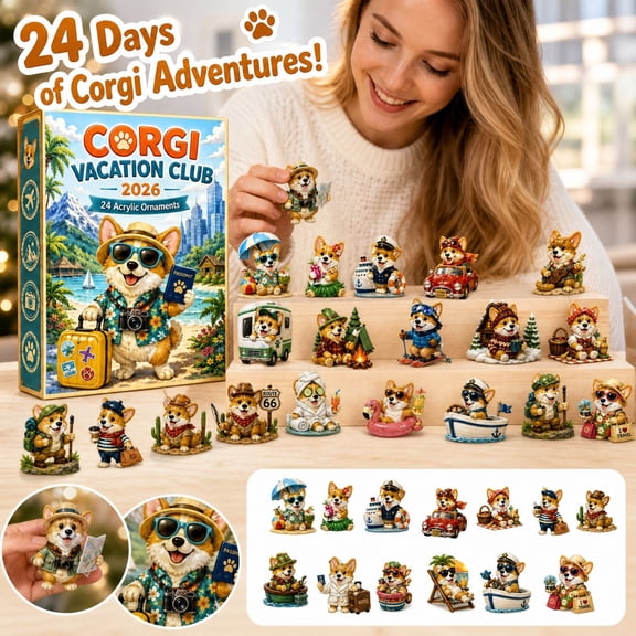 24Pc Corgi Ornaments Set with Acrylic Travel-Themed Charms, Portable Holiday Tree Decor for Home Office, Festive Party Bag Stuffers and Christmas Gifts 24 Count