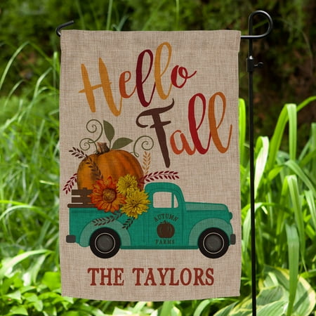 Personalized Hello Fall Burlap Garden Flag