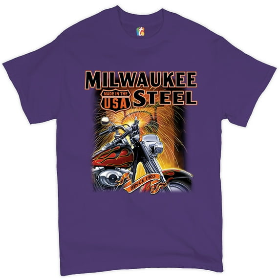 Tee Hunt Milwaukee Steel T-shirt Route 66 Motorcycle Chopper Bobber Biker Men's Tee, Purple, 4X-Large