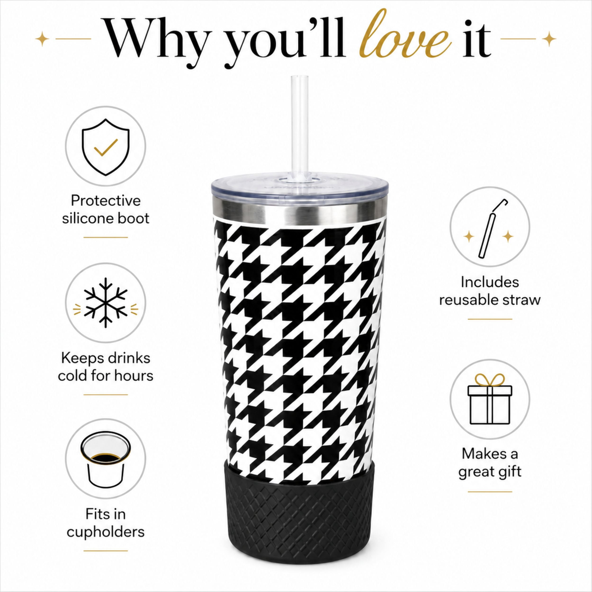 Biddlebee 20oz Insulated Stainless Steel Tumbler with Straw and Silicone Boot, Black & White Check