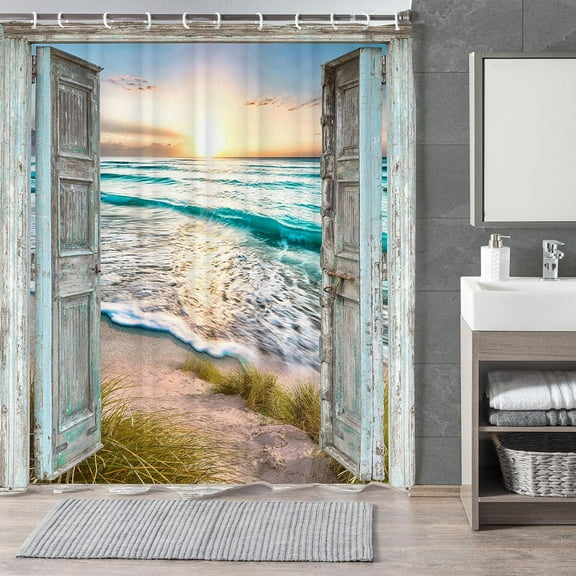 Beach Shower Curtain, Teal Blue Barn Door with Sea Shower Curtain Set, Hawaiian Sunset Scenery Sea Wave Retro Bathroom Decoration, Farmhouse Nautical Wedding Bathroom Curtain 72x72inches